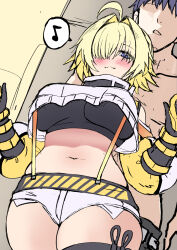 Rule 34 | 1boy, 1girl, :3, a-na, ahoge, black gloves, black sports bra, blonde hair, blush, breasts, closed mouth, clothing cutout, crop top, crop top overhang, cropped sweater, elegg (nikke), exposed pocket, gloves, goddess of victory: nikke, grey shorts, hair intakes, hair over eyes, highres, large breasts, long bangs, long sleeves, micro shorts, multicolored clothes, multicolored gloves, multicolored hair, musical note, navel, plump, purple eyes, short hair, shorts, shoulder cutout, spoken musical note, sports bra, suspender shorts, suspenders, thigh strap, thighs, two-tone hair, yellow gloves