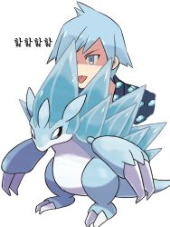 Rule 34 | 1boy, alolan form, alolan sandslash, black shirt, commentary request, creatures (company), game freak, gen 7 pokemon, grey eyes, grey hair, highres, kiwi of ruin, korean commentary, korean text, licking, male focus, nintendo, official alternate costume, pokemon, pokemon (creature), pokemon masters ex, shirt, simple background, spiked hair, steven stone, steven stone (summer 2020), tongue, tongue out, translation request, white background