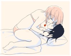 Rule 34 | 2girls, bed, black hair, blanket, blush, bra, breasts, closed eyes, foomi, heart, imminent kiss, large breasts, lying, monochrome, multiple girls, open mouth, panties, pillow, pink bra, pink hair, pink panties, shirt, short hair, sitting, spot color, strapless, strapless bra, underwear, yuri