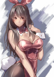 Rule 34 | 1girl, amane ruri, animal ears, arm at side, black pantyhose, breasts, brown eyes, brown hair, cleavage, commentary, cowboy shot, detached collar, detached sleeves, fake animal ears, hair between eyes, highres, large breasts, leotard, light smile, looking at viewer, original, pantyhose, playboy bunny, rabbit ears, rabbit tail, red leotard, shiny clothes, solo, tail
