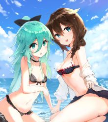 Rule 34 | 2girls, ass, bikini, bird, black bikini, black bow, black hair, blouse, blue eyes, blue sky, blush, bow, braid, breasts, cloud, day, green eyes, green hair, hair between eyes, hair bow, hair flaps, highres, holding hands, kantai collection, looking at viewer, medium breasts, multiple girls, ocean, open clothes, open mouth, outdoors, shigure (kancolle), shirt, side ponytail, single braid, sky, small breasts, swimsuit, water, water drop, white shirt, yamakaze (kancolle), zhiyou ruozhe