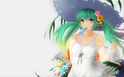 Rule 34 | 1girl, bare arms, blue eyes, bug, dre, dress, flower, food, gradient hair, green hair, hair flower, hair ornament, hat, hatsune miku, holding, ice cream, bug, ladybug, lily of the valley, long hair, looking at viewer, multicolored hair, popsicle, skirt hold, sleeveless, sleeveless dress, solo, sun hat, sundress, sunflower, twintails, vocaloid, white dress
