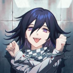 Rule 34 | 1boy, artist name, black hair, checkered clothes, checkered scarf, commentary request, crossed arms, cuffs, danganronpa (series), danganronpa v3: killing harmony, ewa (seraphhuiyu), fangs, flipped hair, grey jacket, hair between eyes, handcuffs, hands up, jacket, long sleeves, male focus, oma kokichi, pink eyes, portrait, scarf, short hair, smile, solo, teeth, tongue, tongue out, upper teeth only