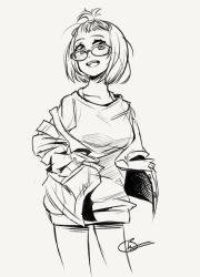 Rule 34 | 1girl, bare shoulders, bones (company), breasts, cosplay, female focus, glasses, godzilla (series), godzilla singular point, greyscale, gridman universe, hair tied, hair tied up, happy, highres, jacket, kamino mei, large breasts, long shirt, looking at viewer, monochrome, open mouth, orange (company), shading, shinjou akane, shirt, short hair, sketch, solo, ssss.gridman, toho