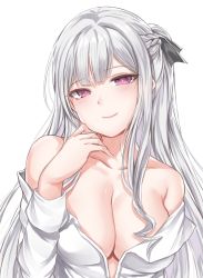 Rule 34 | 1girl, absurdres, ak-12 (girls&#039; frontline), bad id, bad twitter id, bare shoulders, black ribbon, blush, braid, breasts, cleavage, closed mouth, collarbone, french braid, girls&#039; frontline, hand up, head tilt, highres, long hair, long sleeves, looking at viewer, medium breasts, no bra, off shoulder, open clothes, open shirt, purple eyes, ribbon, shirt, sidelocks, silver hair, simple background, smile, solo, upper body, very long hair, white background, white shirt, zerocat