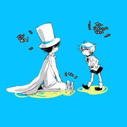 Rule 34 | 2boys, aged down, bird, black hair, blue background, bow, bowtie, cape, dove, edogawa conan, formal, gloves, hands on own hips, hat, kaitou kid, kuroba kaito, male focus, meitantei conan, monocle, multiple boys, necktie, short hair, shorts, simple background, sitting, smile, standing, suit, tennen hz, top hat, traditional bowtie, translation request