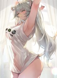 Rule 34 | 1girl, :o, ahoge, animal ear fluff, animal ears, arm up, armpits, arms behind back, bare shoulders, black nails, bottomless, curtains, earrings, fang, green eyes, grey hair, grin, hair between eyes, high ponytail, highres, hololive, jewelry, lion ears, lion girl, lion tail, long hair, looking at viewer, looking down, nail polish, omoti (1201208), see-through, see-through silhouette, shirt, shishiro botan, shishiro botan (casual), sideways glance, smile, solo, standing, sunlight, tail, virtual youtuber, window