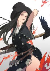 Rule 34 | 1other, androgynous, armpits, ascot, asymmetrical sleeves, bags under eyes, bare shoulders, bird, black hair, black headwear, blood, collar, crow, fingerless gloves, gloves, guilty gear, guilty gear strive, hat, highres, holding, holding scythe, long hair, looking at viewer, open mouth, other focus, red eyes, scythe, skull, smile, studded collar, testament (guilty gear), tinmoc, top hat, white ascot, white gloves