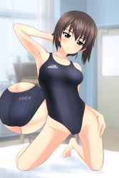 Rule 34 | 1girl, absurdres, arena (company), ass, bad id, bad pixiv id, barefoot, bed, black one-piece swimsuit, blurry, breasts, brown eyes, brown hair, collarbone, competition swimsuit, depth of field, easel, full body, girls und panzer, highres, indoors, inset, kneeling, leaning to the side, looking at viewer, medium breasts, nishizumi maho, one-piece swimsuit, parted lips, short hair, solo, swimsuit, takafumi, window