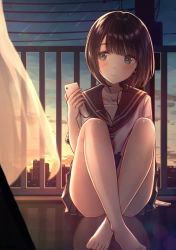 Rule 34 | 1girl, bad id, bad pixiv id, barefoot, black hair, blush, bob cut, cellphone, closed mouth, collarbone, commentary request, crossed legs, curtains, fence, grey eyes, highres, holding, holding phone, listening to music, looking to the side, original, outdoors, phone, pleated skirt, sailor collar, shirt, shooting star, short hair, short sleeves, skirt, solo, tanbonota46, toes, twilight, white shirt