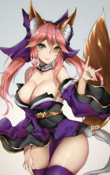 Rule 34 | 1girl, animal ears, bare shoulders, breasts, cleavage, fate (series), finger puppet, fox ears, fox tail, large breasts, long hair, looking at viewer, pink hair, puppet, purple legwear, solo, tail, tamamo (fate), tamamo no mae (fate/extra), thighs, viola (seed), yellow eyes