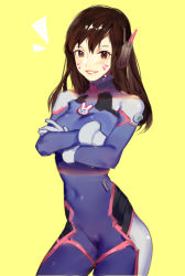 Rule 34 | 1girl, bodysuit, brown eyes, brown hair, contrapposto, cowboy shot, crossed arms, d.va (overwatch), facial mark, headset, highres, long hair, looking at viewer, overwatch, overwatch 1, smile, solo, standing, tian (my dear), whisker markings