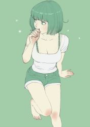 Rule 34 | 1girl, barefoot, blunt bangs, bob cut, bra strap, breasts, cleavage, covering own mouth, denim, denim shorts, from above, green background, green eyes, green hair, green theme, hand over own mouth, knee up, limited palette, looking away, original, peco (pockleberry), shirt, short hair, short shorts, short sleeves, shorts, sitting, solo, tight clothes, tight shirt