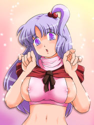 Rule 34 | 1girl, breasts, covered erect nipples, female focus, gradient background, hair bobbles, hair ornament, highres, long hair, midriff, mystic square, navel, nipples, purple eyes, purple hair, shinki (touhou), shirt, side ponytail, silver hair, solo, taut clothes, taut shirt, touhou, touhou (pc-98), usagi niku