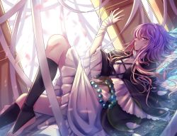 Rule 34 | 1girl, bandaged arm, bandages, beads, black capelet, black legwear, blonde hair, breasts, bridal legwear, capelet, closed mouth, day, dress, dutch angle, expressionless, feet out of frame, gradient hair, half-closed eyes, hand up, highres, hijiri byakuren, knee up, layered dress, lens flare, long hair, looking at hand, lying, medium breasts, multicolored hair, nga (ray ray), on back, on floor, petals, prayer beads, profile, purple eyes, purple hair, solo, touhou, turtleneck, turtleneck dress, two-tone hair, white dress, wind