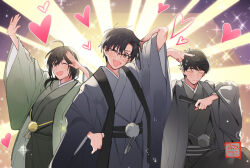 Rule 34 | 3boys, ;d, ahoge, arm behind head, artist name, black hair, blue hair, blush, brown eyes, closed eyes, embarrassed, eunram, glasses, green kimono, grey kimono, hakama, hand fan, hand on own hip, heart, holding, holding fan, idolmaster, idolmaster (classic), idolmaster cinderella girls, idolmaster side-m, japanese clothes, kimono, low ponytail, male focus, multiple boys, one eye closed, open mouth, outstretched arm, parody, pom pom (clothes), ponytail, producer (idolmaster), producer (idolmaster anime), producer (idolmaster cinderella girls anime), producer (idolmaster side-m anime), sexy guilty (idolmaster), signature, smile, sparkle, sweatdrop