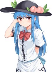 Rule 34 | 1girl, arm behind back, arm up, black hat, blush, bow, bowler hat, bowtie, center frills, closed mouth, commentary request, cowboy shot, food, frilled shirt, frills, fruit, hand in own hair, hat, hat ornament, hinanawi tenshi, leaf, long hair, looking at viewer, momo retasu, momoiro lettuce, peach, puffy short sleeves, puffy sleeves, red bow, red bowtie, red eyes, shirt, short sleeves, sidelocks, simple background, skirt, solo, standing, straight hair, sweatdrop, tareme, touhou, white background, white skirt
