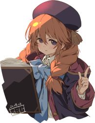 Rule 34 | 1girl, black coat, black hat, blue bow, book, bow, braid, brown hair, coat, collared dress, commentary request, cropped torso, dated, dress, eyebrows hidden by hair, fbc, hair between eyes, hair over shoulder, hat, highres, hood, hood down, hooded coat, long hair, long sleeves, low twintails, open book, open clothes, open coat, princess connect!, purple eyes, signature, simple background, solo, transparent background, twin braids, twintails, upper body, v-shaped eyebrows, white background, white dress, yuni (princess connect!)