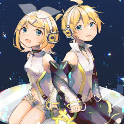 Rule 34 | 1boy, 1girl, aqua eyes, bare shoulders, belt, black shorts, black sleeves, blonde hair, bow, commentary, detached sleeves, grey shorts, hair bow, hair ornament, hairclip, headphones, kagamine len, kagamine len (append), kagamine rin, kagamine rin (append), locked arms, looking at viewer, open mouth, pendant choker, sazanami (ripple1996), see-through, see-through sleeves, shirt, short hair, short ponytail, short shorts, shorts, side-by-side, sitting, sleeveless, sleeveless shirt, smile, sparkle, spiked hair, swept bangs, vocaloid, vocaloid append, white shirt