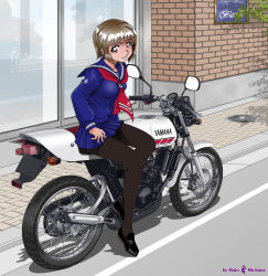 Rule 34 | brown hair, maki michaux, motor vehicle, motorcycle, original, pantyhose, school uniform, short hair, solo, vehicle, yamaha