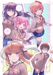 Rule 34 | ..., 1boy, 4girls, :o, aicedrop, anger vein, blue eyes, blue skirt, blush, bow, brown hair, brown vest, commentary request, copyright name, crossed arms, doki doki literature club, faceless, faceless male, green eyes, hair between eyes, hair bow, hair ornament, hair ribbon, hairclip, jacket, long hair, long sleeves, monika (doki doki literature club), multiple girls, natsuki (doki doki literature club), open clothes, open jacket, open mouth, outline, pink eyes, pink hair, pleated skirt, ponytail, protagonist (doki doki literature club), purple eyes, purple hair, red bow, red ribbon, ribbon, sayori (doki doki literature club), school uniform, shaded face, short hair, skirt, spoken anger vein, spoken ellipsis, swept bangs, two side up, vest, white outline, white ribbon, yuri (doki doki literature club)