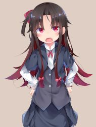 Rule 34 | 10s, 1girl, blush, bow, bowtie, brown background, brown hair, collared shirt, commentary request, fang, gradient hair, grey jacket, grey skirt, grey vest, hair bow, hands on own hips, head tilt, jacket, kyuukon (qkonsan), layered sleeves, long hair, long sleeves, looking at viewer, low-tied long hair, multicolored hair, open clothes, open jacket, open mouth, pink bow, pink bowtie, red eyes, red hair, ryuuou no oshigoto!, shirt, short over long sleeves, short sleeves, simple background, skirt, solo, tsurime, vest, white shirt, yashajin ai