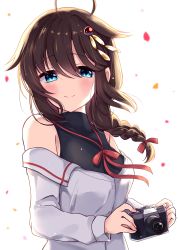 1girl absurdres bare_shoulders black_shirt blouse blue_eyes blush bow braid breasts brown_hair camera commentary_request female_focus from_side hair_between_eyes hair_flaps hair_ornament hair_over_shoulder highres holding holding_camera kantai_collection long_hair long_sleeves looking_at_viewer medium_breasts neck_ribbon off-shoulder_shirt off_shoulder official_alternate_costume petals red_bow red_ribbon ribbon shigure_(kancolle) shigure_(sasebo_2019)_(kancolle) shigure_kai_ni_(kancolle) shirt simple_background single_braid solo soramuko white_shirt