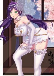 Rule 34 | 1girl, absurdres, adjusting clothes, adjusting legwear, bare shoulders, breasts, bridal veil, bride, cherry blossoms, cleavage, collar, dress, elbow gloves, garter straps, gloves, green eyes, highres, indoors, large breasts, long hair, love live!, love live! school idol project, open mouth, parted bangs, purple hair, solo, thighhighs, thighs, tiara, tojo nozomi, twintails, veil, white dress, white gloves, white thighhighs, window