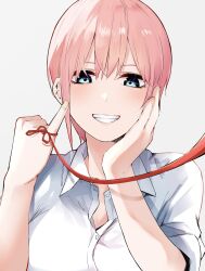 Rule 34 | 1girl, absurdres, blue eyes, breasts, clenched teeth, go-toubun no hanayome, hand on own chest, highres, large breasts, looking at viewer, mame1645, nakano ichika, pinky out, shirt, short hair, smile, solo, string, string of fate, teeth, upper body, white shirt