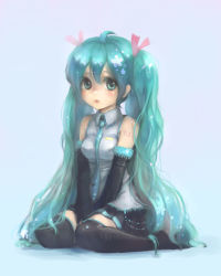 Rule 34 | 1girl, aqua necktie, ascot, black thighhighs, detached sleeves, dress, female focus, full body, gradient background, green eyes, green hair, habbitrot, hatsune miku, jewelry, kneeling, long hair, matching hair/eyes, necktie, number tattoo, shoulder tattoo, solo, tattoo, thighhighs, twintails, vocaloid