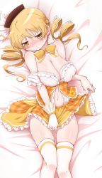 Rule 34 | 1girl, bed sheet, black hat, blonde hair, blush, bow, bowtie, breasts, cleavage, closed mouth, clothes lift, drill hair, frilled shirt, frilled skirt, frills, from above, gluteal fold, half-closed eyes, hat, highres, looking at viewer, low twintails, lying, mahou shoujo madoka magica, mahou shoujo madoka magica (anime), medium breasts, medium hair, miniskirt, navel, off-shoulder shirt, off shoulder, on back, on bed, plaid, plaid skirt, shirt, single horizontal stripe, skindentation, skirt, skirt lift, skirt tug, smile, solo, thigh gap, thighhighs, tomoe mami, twin drills, twintails, white shirt, white thighhighs, yanmaami, yellow bow, yellow bowtie, yellow eyes, yellow skirt