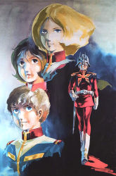 Rule 34 | 1980s (style), 2boys, 2girls, amuro ray, belt, blonde hair, blue eyes, boots, brown eyes, brown hair, cape, char aznable, fraw bow, gloves, gundam, hand on own hip, helmet, jacket, looking at viewer, looking up, mask, military, military uniform, mobile suit gundam, multiple boys, multiple girls, official art, oldschool, painting (medium), retro artstyle, sayla mass, science fiction, short hair, standing, sword, traditional media, uniform, weapon, white gloves, yasuhiko yoshikazu, zeon