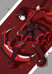 Rule 34 | 1girl, black dress, boots, cape, corset, cross, dress, flower, frilled boots, frilled skirt, frills, pantyhose, red hair, rose, ruby rose, rwby, scythe, grey eyes, skirt, solo