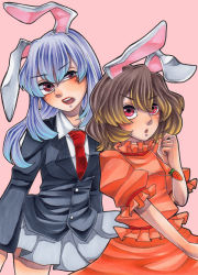 Rule 34 | 2girls, absurdres, animal ears, bad id, bad pixiv id, blazer, brown hair, rabbit ears, carrot, ginsoda, highres, inaba tewi, jacket, jewelry, long hair, multiple girls, necklace, necktie, open mouth, pendant, purple hair, red eyes, reisen udongein inaba, short hair, simple background, skirt, touhou