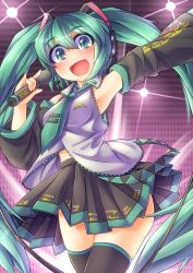 Rule 34 | 1girl, black thighhighs, blush, detached sleeves, fun bo, green eyes, green hair, hair ornament, hatsune miku, headset, long hair, long sleeves, looking at viewer, matching hair/eyes, microphone, open mouth, shirt, skirt, smile, solo, stage lights, thighhighs, twintails, very long hair, vocaloid, wide sleeves, zettai ryouiki