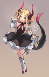 Rule 34 | 1girl, :d, abigail williams (fate), black bow, black dress, blonde hair, blue eyes, blush, boots, bow, commentary, cosplay, curled horns, detached sleeves, dragon girl, dragon horns, dragon tail, dress, elizabeth bathory (fate), elizabeth bathory (fate) (cosplay), elizabeth bathory (fate/extra ccc), elizabeth bathory (first ascension) (fate), english commentary, fang, fate/extra, fate/extra ccc, fate/grand order, fate (series), forehead, full body, hair bow, hand up, high heel boots, high heels, highres, horns, knee boots, long hair, long sleeves, looking at viewer, miya (miyaruta), open mouth, orange bow, parted bangs, polka dot, polka dot bow, sleeves past wrists, smile, solo, spiked boots, spiked footwear, spikes, standing, standing on one leg, tail, tail raised, v, v-shaped eyebrows, very long hair, white footwear, white sleeves