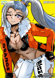 Rule 34 | 1girl, artist name, bikini, bikini top only, breasts, cleavage, grey hair, hand on own hip, hand on leg, hand on own leg, hand on own thigh, hand on thigh, highres, jacket, leaning forward, legs, long hair, medium breasts, mole, navel, one eye closed, open clothes, open jacket, original, pants, ponytail, purple eyes, smile, solo, swimsuit, thick thighs, thighs, wink