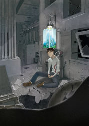 Rule 34 | 1boy, andou ikori, broken glass, broken window, brown hair, chain, closed eyes, fish tank, gas tank, glass, grey theme, highres, male focus, original, pants, paper, industrial pipe, ruins, shoes, sitting, sketch, solo, spot color, v arms