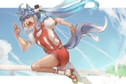 Rule 34 | 1girl, ahoge, animal ears, ankle socks, blue hair, blue sky, bow, closed eyes, cloud, commentary, contrail, crossed bangs, day, english commentary, floating hair, foot out of frame, grass, gym shirt, gym shorts, gym uniform, hair bow, hand up, high heel sneakers, highres, horse ears, horse girl, horse tail, larribee, leg up, letterboxed, long hair, open mouth, original race uniform (umamusume), outdoors, outside border, race bib, railing, red shorts, running, sharp teeth, shirt, short sleeves, shorts, sidelocks, sky, socks, solo, sweat, tail, teeth, twin turbo (umamusume), twintails, umamusume, white shirt, white socks