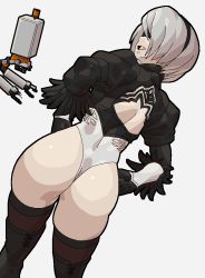 Rule 34 | ass, black blindfold, blindfold, boots, covered eyes, feather-trimmed sleeves, feather trim, juliet sleeves, leotard, lol (harikofu), long sleeves, nier (series), nier:automata, pod (nier:automata), puffy sleeves, simple background, solo, thighhighs, thighhighs under boots, thong, thong leotard, white background, white hair, white leotard, 2b (nier:automata)