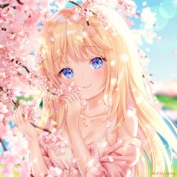 Rule 34 | 1girl, bad id, bad pixiv id, bare shoulders, blonde hair, blue eyes, blue sky, blurry, blurry background, blurry foreground, branch, cherry blossoms, closed mouth, collarbone, commission, day, depth of field, dress, fingernails, flower, hands up, jewelry, long hair, nami (nyaa), necklace, off shoulder, original, outdoors, pink dress, pink flower, short sleeves, sky, smile, solo, upper body, water