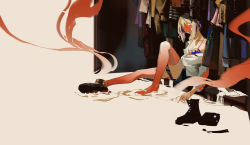 Rule 34 | 1girl, barefoot, blonde hair, boots, closet, from side, highres, nekohara peninsula, original, reclining, shirt, short hair, shorts, single boot, sitting, solo, white shirt