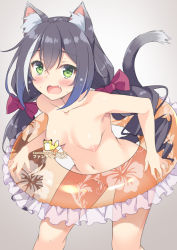 Rule 34 | 1girl, akizora momiji, animal ear fluff, animal ears, bare arms, bare legs, bare shoulders, black hair, blush, bow, breasts, cat ears, cat girl, cat tail, collarbone, commentary request, completely nude, fang, green eyes, grey background, hair bow, highres, holding, holding swim ring, innertube, karyl (princess connect!), leaning forward, long hair, looking at viewer, low twintails, medium breasts, multicolored hair, nipples, nude, open mouth, princess connect!, red bow, simple background, solo, spread legs, streaked hair, swim ring, tail, twintails, white hair