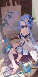 Rule 34 | 1girl, absurdres, aged up, ahoge, ai dongdong, bare shoulders, barefoot, beret, blue hair, canvas (object), closed mouth, curtains, dress, earrings, full body, griseo, griseo (cosmic expression), hair ornament, hat, highres, holding, holding brush, holding palette, honkai (series), honkai impact 3rd, indoors, jewelry, long hair, looking at viewer, looking back, painting (action), painting (object), palette (object), purple eyes, soles, solo, toes, very long hair, white dress