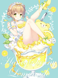 Rule 34 | :o, animal ears, ankle bow, ankle ribbon, armband, bare legs, bear ears, blue background, blush, bow, braid, breasts, brown hair, choker, cleavage, clenched hands, cocktail glass, commentary request, cookie, cup, double bun, dress, drinking glass, english text, flower, food, frilled armband, frilled hairband, frills, fruit, green bow, green eyes, hair bun, hair rings, hairband, high heels, in container, in food, knees up, leg ribbon, leg up, lemon, lemon slice, lemonade, looking at viewer, maid headdress, original, petticoat, ribbon, ribbon choker, shoes, sitting, solo, spoon, underbust, wasabi (sekai), wristband, yellow choker, yellow footwear, yellow ribbon