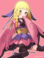 Rule 34 | 1girl, blonde hair, blush, braid, commentary request, cosplay, creatures (company), eyelashes, game freak, green eyes, hand up, highres, japanese clothes, kimono, kinocopro, lillie (pokemon), long hair, looking at viewer, nintendo, outline, parted lips, pink background, pink kimono, pokemon, pokemon sm, pokemon xy, purple ribbon, ribbon, sash, sitting, smile, solo, thighhighs, twin braids, twitter username, valerie (pokemon), valerie (pokemon) (cosplay), watermark, yellow sash