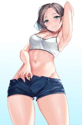 Rule 34 | 1girl, arm behind head, arm up, armpits, bare shoulders, black hair, blue background, blue eyes, blush, breasts, camisole, cleavage, collarbone, commentary request, cowboy shot, crop top, denim, denim shorts, gradient background, groin, highres, looking at viewer, medium breasts, midriff, mole, mole under eye, navel, open fly, original, parted hair, rama (yu-light8), shirt, short hair, short shorts, shorts, sidelocks, simple background, smile, solo, spaghetti strap, standing, stomach, strap gap, thighs, unbuttoning, white background, white camisole, white shirt