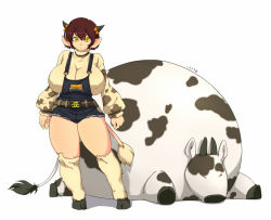 Rule 34 | 1girl, animal ears, animal print, apron, belt, breasts, brown hair, cow, cow ears, cow girl, cow horns, cow print, cow tail, female focus, hataraki ari, hooves, horns, huge breasts, monster girl, original, shirt, short hair, simple background, solo, standing, tail, thighs, white background, yellow eyes