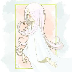 Rule 34 | 1girl, expressionless, from side, hair over one eye, little witch academia, long bangs, long hair, long shirt, long sleeves, looking to the side, muted color, one eye covered, open hand, outside border, purple hair, red eyes, shiro0909, shirt, solo, sucy manbavaran, upper body, very long hair, white hair, white shirt