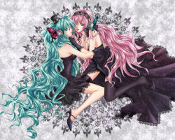 Rule 34 | 2girls, aqua eyes, aqua hair, bad id, bad pixiv id, butterfly hair ornament, butterfly wings, dress, fingerless gloves, gloves, hair ornament, hat, hatsune miku, headphones, headset, high heels, highres, insect wings, long hair, magnet (vocaloid), megurine luka, mini hat, mini top hat, mizuiro tomato, multiple girls, pink hair, shoes, thighhighs, top hat, twintails, very long hair, vocaloid, wings, yuri